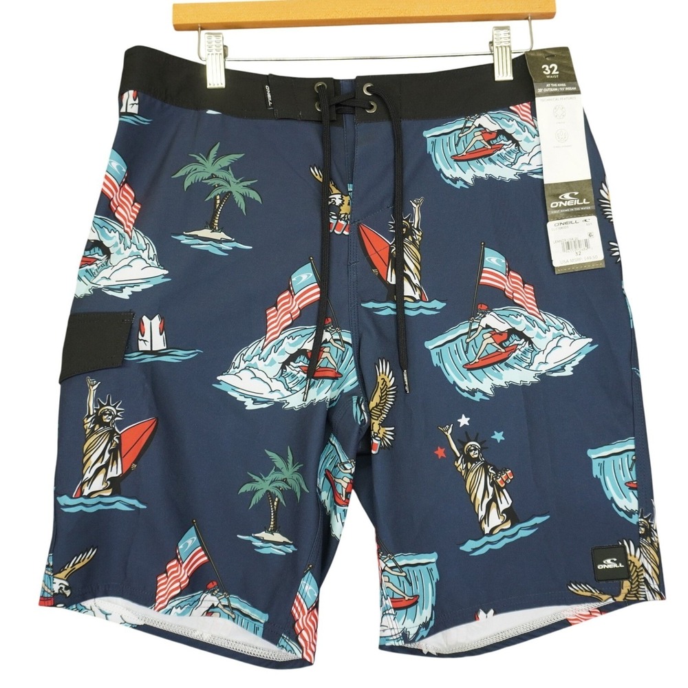 O'Neill Board Shorts Men 32 Navy Hyperdry USA Patriotic Beer American Flag Eagle